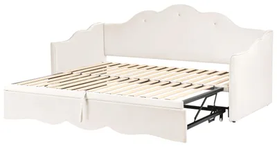 Zdjęcie produktu dla BELIANI Łóżko wysuwane jasnobeżowe welurowe 90/180 x 200 cm ze stelażem dziecięce pikowane