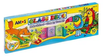 Productafbeelding van AMOS Glass Deco, set van 10 glaskleurverf tubes (22 ml elk) + sjablonen