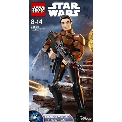 The image shows the packaging for a LEGO Star Wars Han Solo buildable figure. The packaging features a dynamic image of the figure in action, with explosions and a rocky landscape in the background. Text on the packaging includes the LEGO and Star Wars log