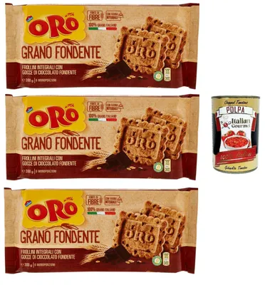 Produktbild von Oro Saiwa Grano Fondente, Vollkreidekekse mit dunklen Schokoladenchips, Ballaststoffe mit Vollkornmehl, 100% italienischer Weizen, 3x 300 g (6 Einzelpotten von 50 g) + Italian Gourmet polpa 400g