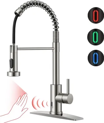 A kitchen faucet with a pull-down sprayer and LED indicator lights.