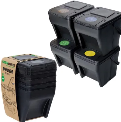 Produktbild von PromoHome® Mülltrennungssystem mit 4 Fächern 100 Liter Gesamtvolumen, stapelbare Abfallbehälter zur Mülltrennung, langlebige Kunststoffeimer