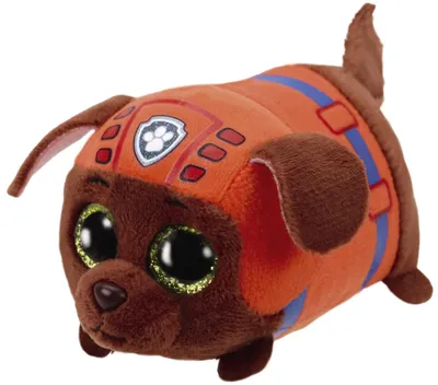 A plush toy dog wearing an orange and blue uniform.