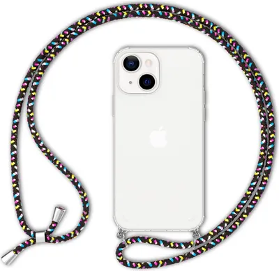 Produktbild von NALIA Handyhülle mit Kette für iPhone 13, Transparentes Hardcase & Handy-Schnur, Robust Vergilbungsfrei Klar Schwarz Bunt