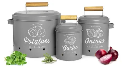 Image de Ensemble de 3 boîtes de rangement pour pommes de terre, oignons et ail - Gris mat