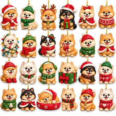 Produktbild von Pomeranian Christbaumschmuck,Adventskalender 24 Tage,Weihnachtskalender mit 2D Acryl Weihnachtsdeko, Ornamente für Hundeliebhaber Kinder