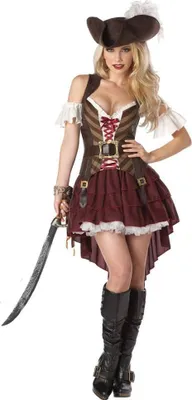 A woman wearing a pirate costume, holding a sword.