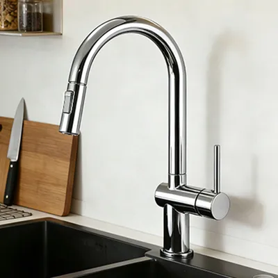 Produktbild von AICA Hochwertiger Messingkern Küchenarmatur Hochbogen Ausziehbarer Brause 2 Strahlarten Chrom