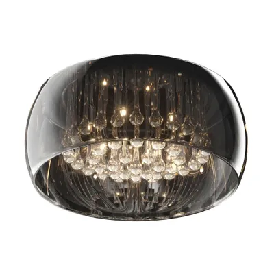 A close-up, studio shot of a round, modern chandelier with multiple glass droplets and a dark, reflective outer shell.
