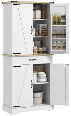 Image de Buffet - Armoire de cuisine - Rangement - Meuble de rangement - Armoire - Blanc - 4 portes et étagères réglables