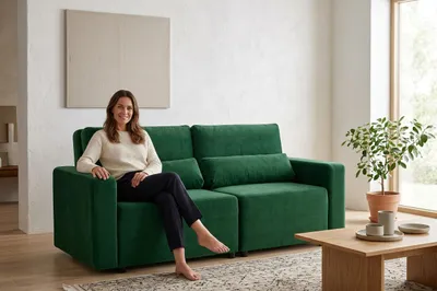 Produktbild von Schlafsofa KOMO Monolit – mit Schlaffunktion, Webstoff in Grün, Family Meble, KI-generiertes Bild