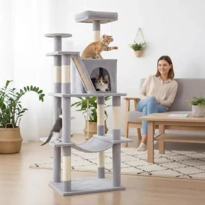 Productafbeelding van 158 cm hoge kattenboom voor binnen, met meerdere plateaus en een hangmat