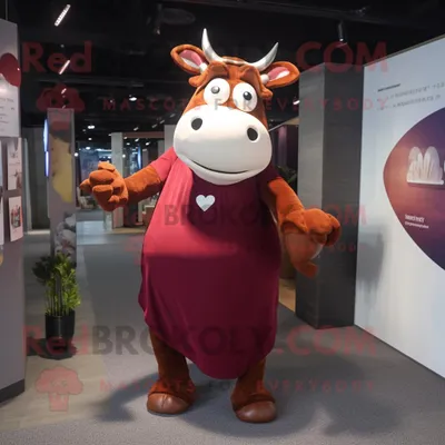 Produktbild von Kastanienbrauner REDBROKOLY Kuh Maskottchen Kostüm charakter bekleidet mit einem Maxikleid und Fußpolstern