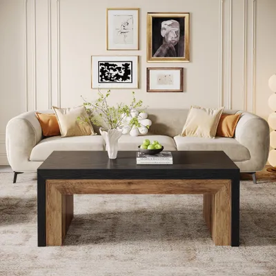 Produktbild von Tribesigns Farmhouse-Couchtisch für das Wohnzimmer, 120 cm moderner Couchtisch im Mid-Century-Stil mit stabilem Sockel, Schwarz & Walnuss