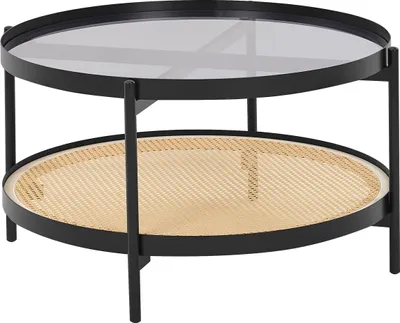 Produktbild von BELIANI Couchtisch Schwarz / Hellbraun aus Metall mit Glasplatte Rattan Wiener Geflecht Elegant Modernes Design für Wohnzimmer