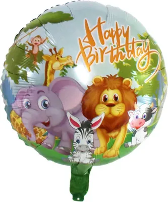 Produktbild von Folienballon Happy Birthday rund 45 cm, Tiere Löwe Elefant Zebra Giraffe