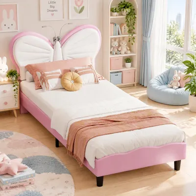 Zdjęcie produktu dla Łóżeczko dziecięce INONEFT, 90x200 cm, z oświetleniem LED, łóżko dla dziewczynki z regulowanym zagłówkiem, łóżko młodzieżowe w kształcie motyla, łóżka jednoosobowe, kolor różowy