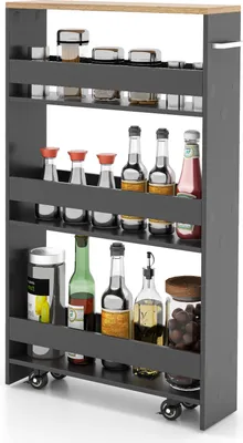 A narrow, multi-tiered storage trolley filled with various bottles and jars, placed on a white background.