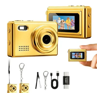 Productafbeelding van ZELURXX Mini kindercamera met 5 filters, 1080P video, flitser, 32 GB opslag en kleurrijke riem, compact en gemakkelijk mee te nemen, goud