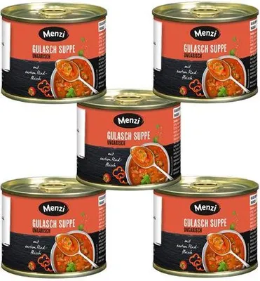 Produktbild von Menzi Gulasch Suppe ungarisch 1000 Ml Dosen  Würzig Tafelfertig - in der praktischen 5er Stange = 5 Dosen à 200 ml Proteinreich Frei von Ei