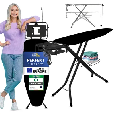 Produktbild von STAHLMANN® Bügelbrett mit Steckdose [120x42 cm Bügelfläche] Bügeltisch XXL höhenverstellbar 73-100 cm, Ablage für Dampfbügelstation, Kleidungsablage, bis 25 kg, rutschfest,  Europe