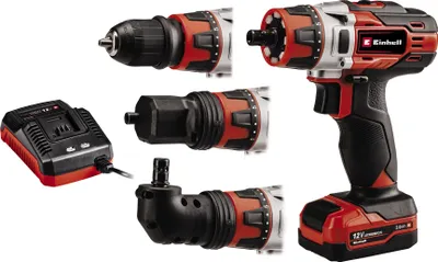 A cordless drill and its accessories are displayed against a white background.
