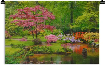 Produktbild von MuchoWow® Wandteppich Wandbehang Brücke - Japanisch - Botanisch - Bäume - Blumen 120x80 cm Tapisserie Dekoration Wandtuch - Wanddekorationen - Wandtücher