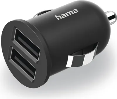 A black car charger with two USB ports and the brand logo 'hama' is shown against a white and light gray background.