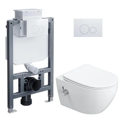 Zdjęcie produktu dla Kompletny zestaw toalety z funkcją bidetu HOROW - 82 cm, element podtynkowy, spłuczka podtynkowa + toaleta podtynkowa + biała, okrągła przyciskowa spłuczka