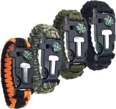 Image de Lot de 4 bracelets de survie - Accessoires pour activités de plein air - Camping et randonnée - Fonction d'urgence 5 en 1 - Multicolore