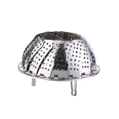 A stainless steel steamer basket with legs, isolated on a white background.
