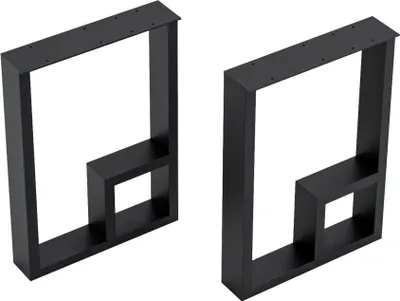 Two black metal table legs with a unique geometric design, presented against a white background.