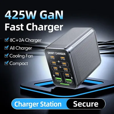 Produktbild von 425 W GaN-Ladegerät USB Typ C 10 Anschlüsse PPS PD 100 W Desktop-Schnellladestation für iPhone 17, 16, 15, iPad, MacBook, Tablet, Laptops