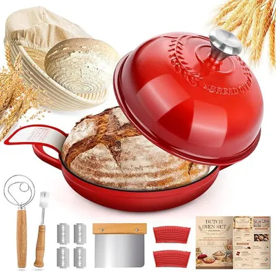 Imagen del producto de Olla de hierro fundido de 5.7L, olla esmaltada para panadería con cesta de fermentación, set para hacer pan