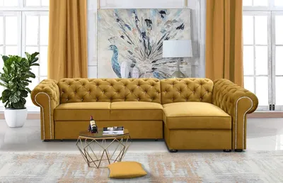 Produktbild von Gelb Ecksofa L-form Farbe Gelb Kronos 11 Chesterfield Glamourös Wohnzimmer Ecksofa mit schlaffunktion Polstersofa mit Kristallen