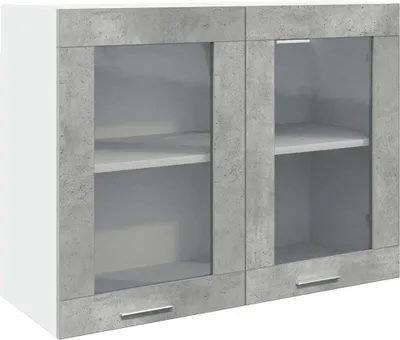 A wall-mounted cabinet with glass doors and concrete-look frames.