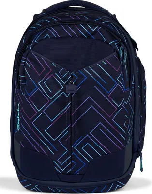 A navy blue backpack with a geometric pattern in shades of blue, purple, and pink.