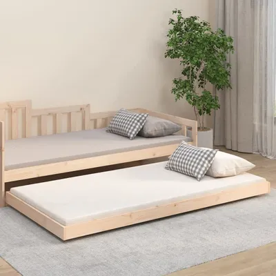 A wooden daybed with a pull-out trundle bed, both with mattresses and pillows, set up in a room with a plant and curtains.
