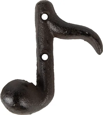 A single brown cast iron musical note hook against a white background.