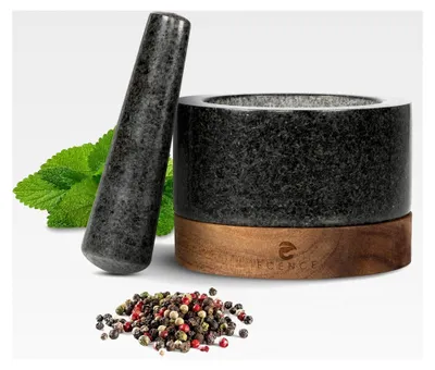 Produktbild von Mörser mit Stößel aus Naturgranit und Akazienholz-Sockel Ø11cm - Steinmörser für Kräuter und Gewürze
