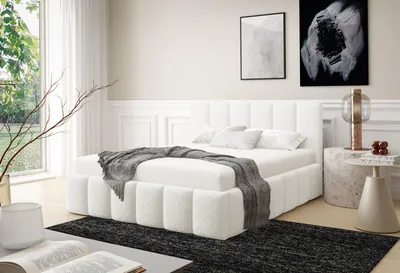 Image de Lit rembourré LINO avec coffre de rangement | Lit 140 x 200 | Lit double avec espace de rangement et sommier à lattes | Style lit boxspring | Sans matelas | Chambre à coucher - Blanc