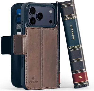 Image de Twelve South BookBook folio coque iPhone 17 Pro – Portefeuille et étui en cuir pleine fleur – Coque amovible compatible MagSafe – Espace pour ranger des cartes et de l'argent