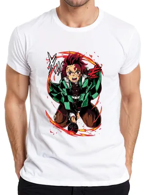 Obrázok produktu pre Tanjiro Kamado Demon Hunter Sword Flames Anime Gift Pánske tričko, biele, M
