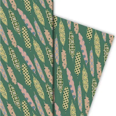 Produktbild von Edles Designer Geschenkpapier mit gemusterten Federn, grün - G10112, 32 x 48cm
