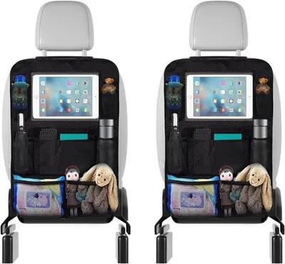 Image de Lot de deux protections pour dossier de siège enfant - Organiseur pour enfants avec pochette pour iPad 10 pouces - Organiseur de siège arrière imperméable en tissu Oxford 600D avec 10 compartiments
