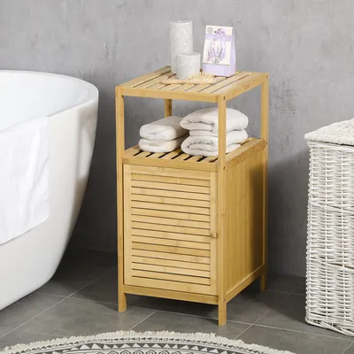 Image de Meuble de salle de bain en bambou, design à lamelles avec porte, meuble d'appoint en bois naturel | 33 x 36,5 x 67 cm | 3,0 kg | 1 étagère + 1 meuble