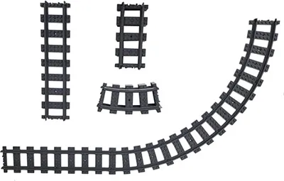 Several pieces of black train track are laid out on a white background.
