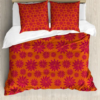 Produktbild von ABAKUHAUS Blumen Bettbezug Set, Modernes Design mit geometrischen Fettlinie blüht östliches Kulturbild, 200 x 200 cm + 80 x 80 cm, Scharlachrot Kastanienbraun