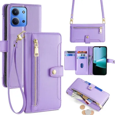 Obrázek produktu pro Koženkové pouzdro pro Xiaomi Redmi 15C 5G / 4G s peněženkou na zip a řetízkem, fialové