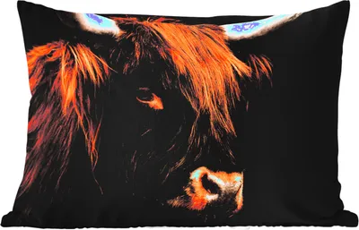 Produktbild von MuchoWow® Outdoor Kissen - Schottisches Hochlandrind - Schwarz - Kuh - Horn - Tiere - 60x40 cm - Wetterfest - Lounge Kissen - Zierkissen - Kissen für Innenräume